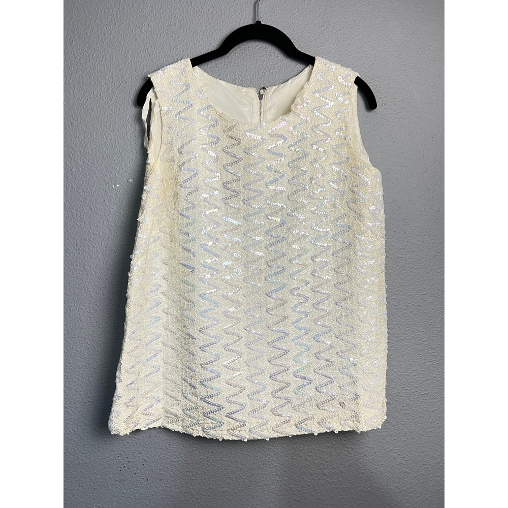 Lord & Taylor Vintage Classy Sequin Sleeveless Shell Top Cream Chevron Zig Zag